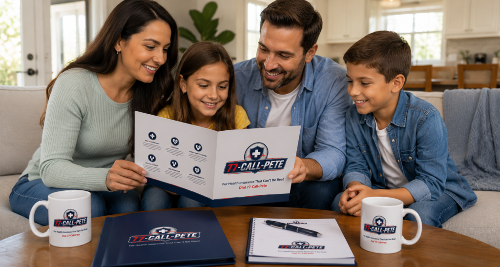 Family reviewing an individual health insurance brochure together while exploring personalized coverage options with 77-Call-Pete.