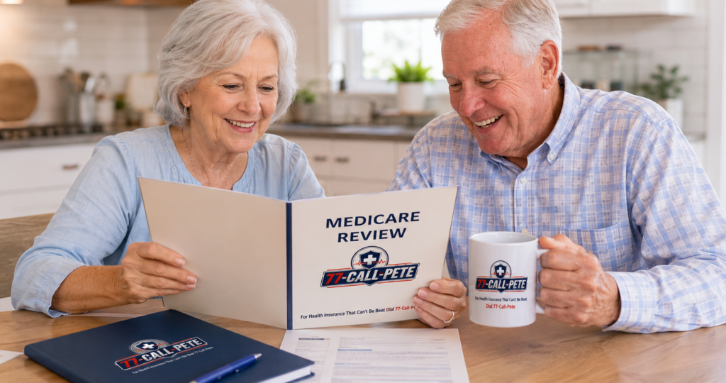 Senior couple reviewing a Medicare brochure together while comparing Medicare coverage options with 77-Call-Pete.