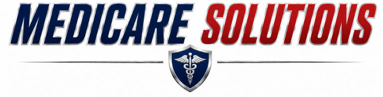 Professional 77-Call-Pete branded Medicare Solutions banner featuring a blue brushed steel background with a red wave design.
