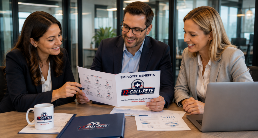 Business professionals reviewing an employee benefits brochure during a group health insurance consultation with 77-Call-Pete.