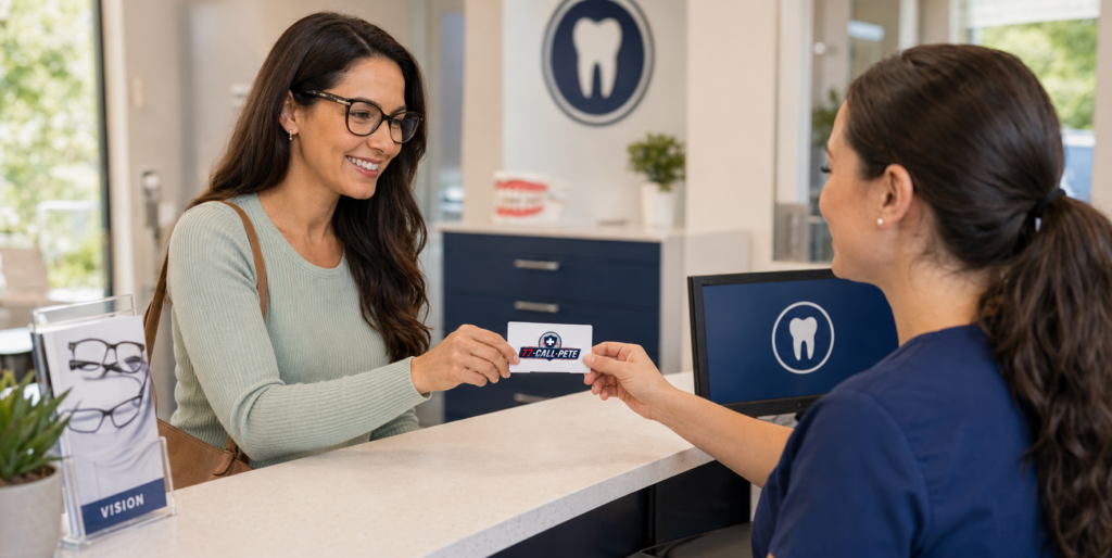 Woman handing her insurance card to a dental office receptionist while checking in for a dental appointment.