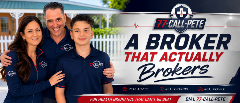 The 77-Call-Pete family standing together in branded apparel, representing an independent health insurance brokerage serving individuals, families, Medicare beneficiaries, and businesses nationwide.