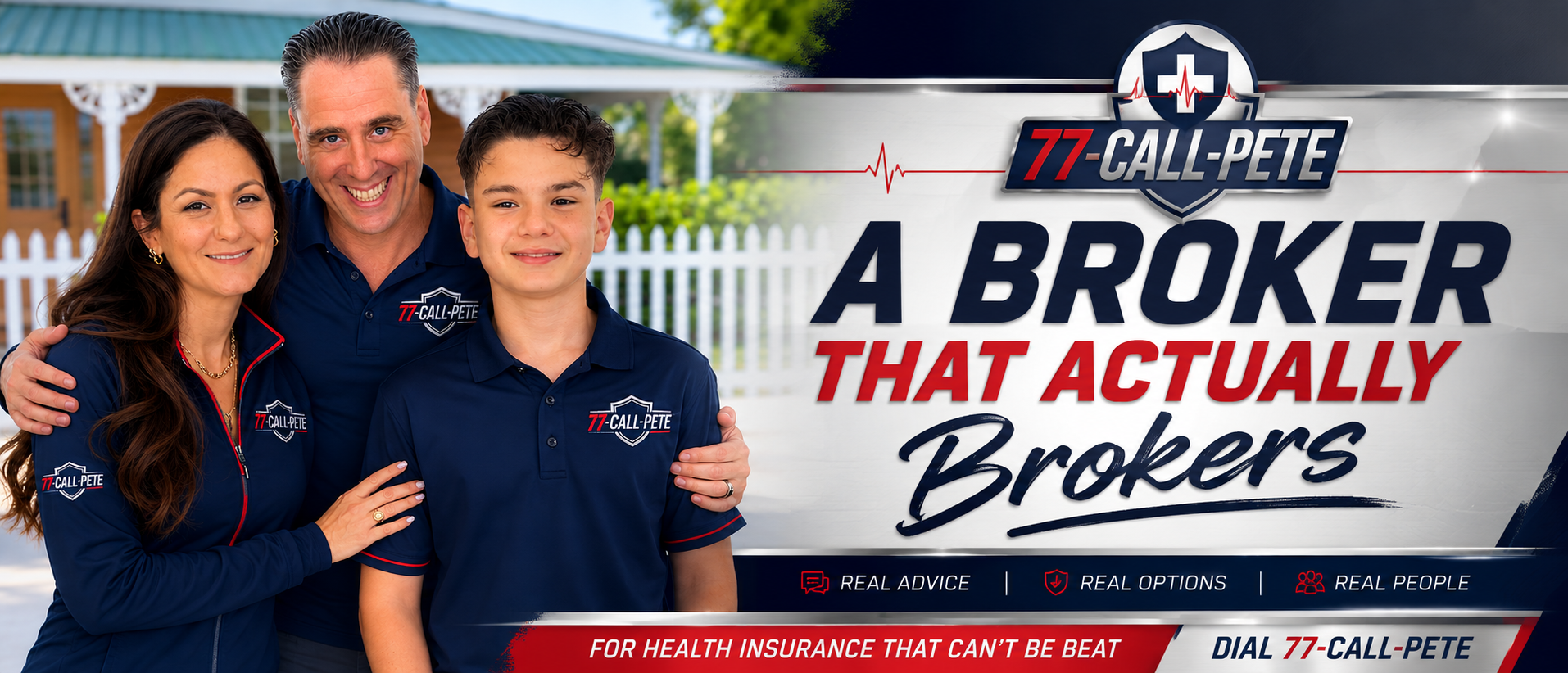 The 77-Call-Pete family standing together in branded apparel, representing an independent health insurance brokerage serving individuals, families, Medicare beneficiaries, and businesses nationwide.