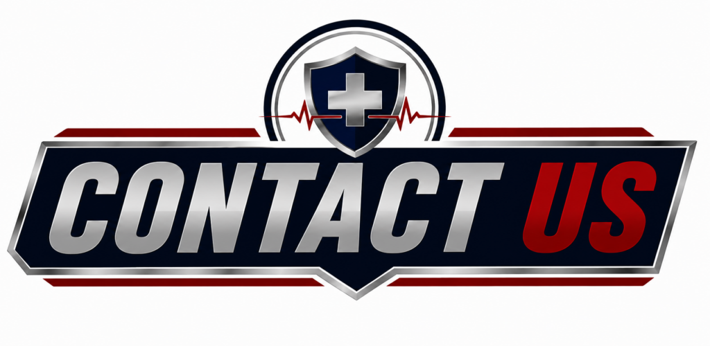 Contact Us graphic featuring the 77-Call-Pete shield logo with a medical cross and heartbeat line in red, white, and navy blue on a clean white background.