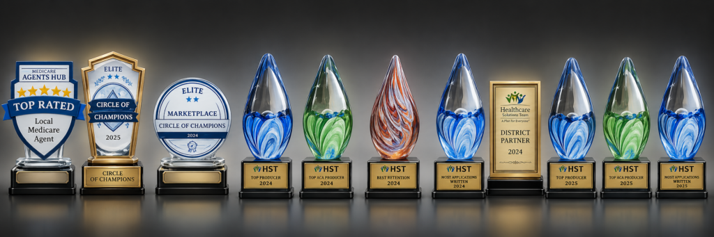 Collection of professional insurance industry awards earned by 77-Call-Pete, including Top Producer, Circle of Champions, Top Rated Medicare Agent, District Partner, and Top ACA Producer recognitions.
