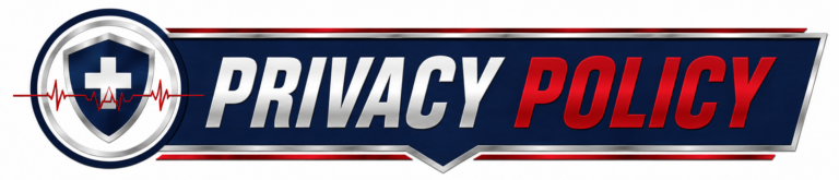 77-Call-Pete Privacy Policy banner featuring a shield with a medical cross and heartbeat line in the company's signature red, navy, and silver branding.